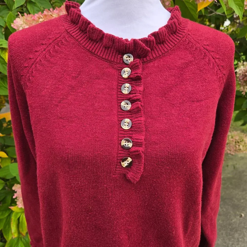 Demure BTFBM Cranberry Holiday Henley High Neck Pullover Sweater Ruffles Buttons